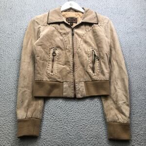 Vintage Guess Genuine Suede Leather Crop Biker Bomber Jacket Womens Small Brown